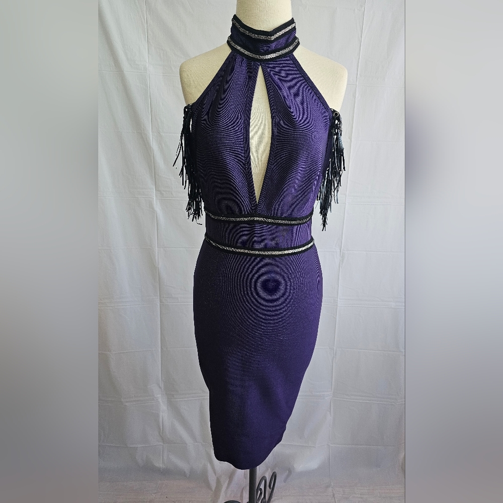 Purple Fitted Party Dress with Fringe Arm band detail Size Medium